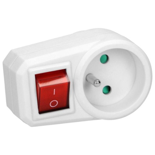 Gniazdo elektryczne Orno w kolorze białym z wbudowanym włącznikiem. Adapter ma okrągły kształt, z widoczną, czerwoną przełącznikiem oraz zielonymi otworami na wtyczki. Ujęcie z boku, pokazujące detal przycisku oraz gniazdko.