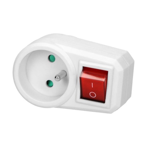 Gniazdo elektryczne Orno w kolorze białym z włącznikiem, umieszczonym z boku. Widoczna wtyczka z dwoma otworami na bolce oraz zielone wskaźniki. Produkt leży na białym tle, w układzie frontalnym.
