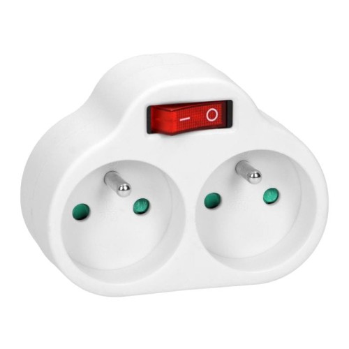 Podwójny rozgałęźnik elektryczny w kolorze białym z wyłącznikiem. Posiada dwa gniazda z zielonymi stykami i czerwoną diodą sygnalizacyjną. Ujęcie frontalne, produkt leży na płaskiej powierzchni.