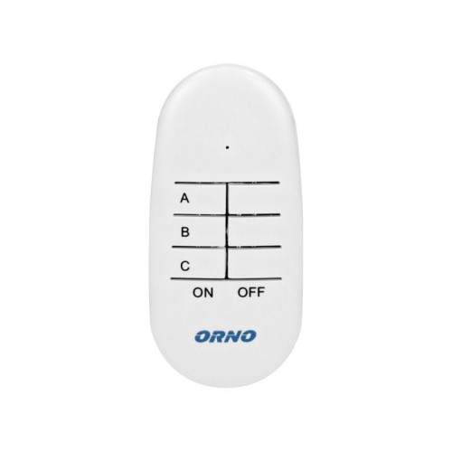 Pilot do bezprzewodowych gniazd elektrycznych Orno w kolorze białym. Posiada sześć przycisków: trzy oznaczone literami A, B, C oraz dwa przyciski ON i OFF. Gładka, zaokrąglona obudowa z logo ORNO na dole, frontalny widok.