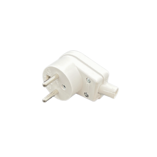 Wtyczka kątowa Viplast 16A 250V w kolorze białym, z dwoma metalowymi bolcami. Produkt pokazany z boku, z widocznym otworem na kabel oraz mocowaniami. Kompaktowy design, idealny do użytku w ciasnych przestrzeniach.