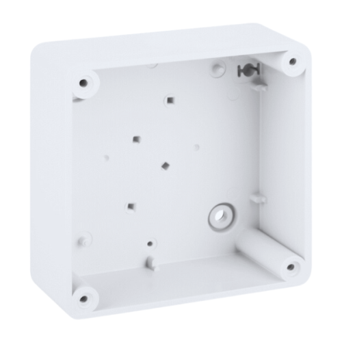 Puszka natynkowa pusta, biała, o wymiarach 105 x 105 x 66 mm, wykonana z tworzywa sztucznego, z widocznymi otworami montażowymi i gładką wewnętrzną powierzchnią. Przeznaczona do instalacji elektrycznych, stopień ochrony IP65.