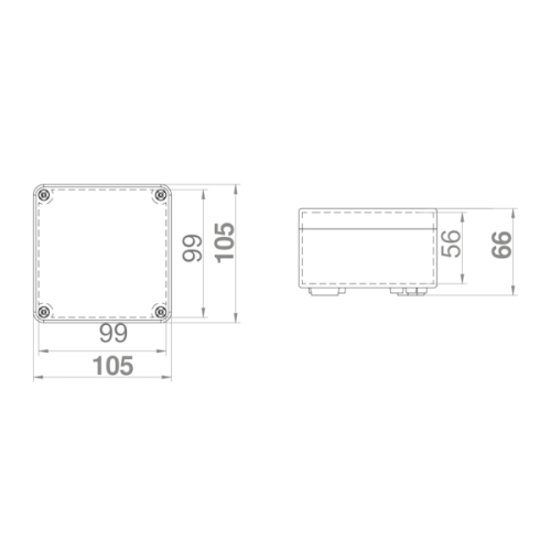 Puszka natynkowa pusta w kolorze białym, wymiary 105 x 105 x 66 mm, stopień ochrony IP65. Widok z góry i z boku, z zaznaczonymi wymiarami oraz otworami montażowymi.