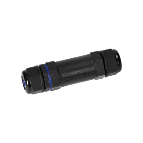 Mufa kablowa prosta 3x6 Orno OR-AE-13603, czarna, cylindryczna, z niebieskim paskiem. Ujęcie z boku, pokazujące wyraźnie końcówki oraz oznaczenia producenta. Element o gładkiej powierzchni, przeznaczony do łączenia kabli.