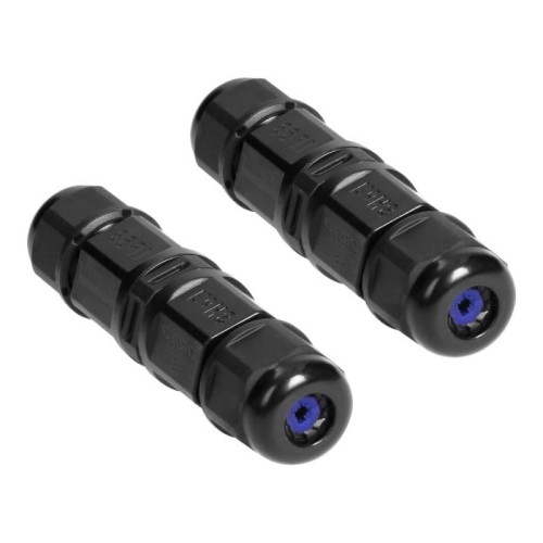 Mufa kablowa prosty IP68 2x1mm2 w kolorze czarnym, wykonana z tworzywa sztucznego, o cylindrycznym kształcie. Zestaw dwóch muf, z widocznymi gwintami i otworami na końcach. Produkt leżący na jednolitym tle.