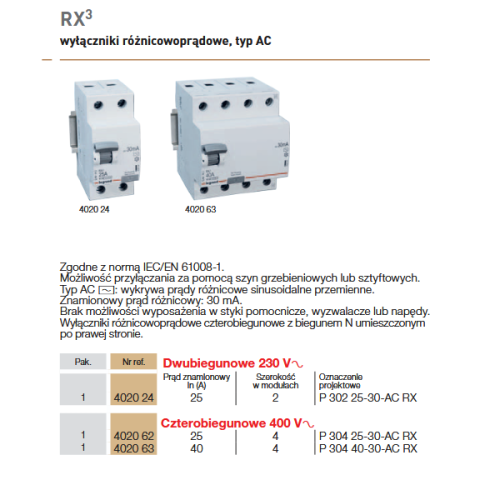 Wyłącznik różnicowoprądowy 4P 40A AC P304 RX3 Legrand w kolorze białym, z widocznymi zaciskami i oznaczeniami na obudowie. Produkt stojący, z przodu widoczne gniazda do podłączenia przewodów. Wymiary i detale zgodne z normą IEC/EN 61008-1.