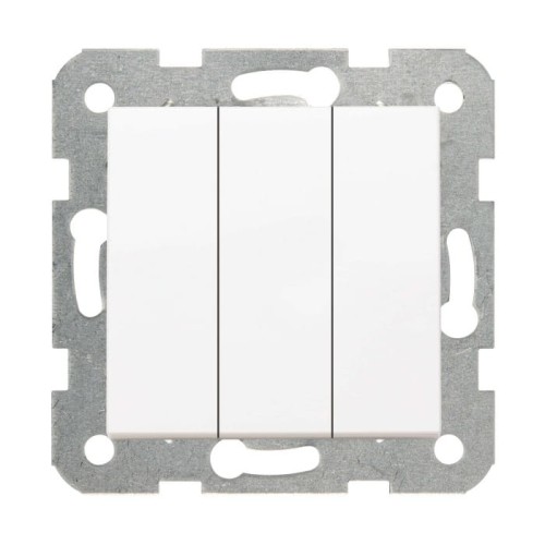 Łącznik potrójny Panasonic Karre w kolorze białym, z trzema prostokątnymi przyciskami na gładkiej powierzchni. Produkt montowany na metalowej ramie, widoczny z przodu, gotowy do instalacji w elektrycznej puszce.