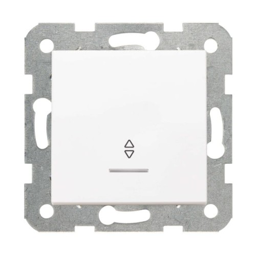 Łącznik schodowy Panasonic Karre w kolorze białym, z podświetleniem. Kwadratowy panel z dwoma strzałkami i poziomą linią, umieszczony na metalowej ramce. Ujęcie frontalne, pokazujące detale i prosty design.