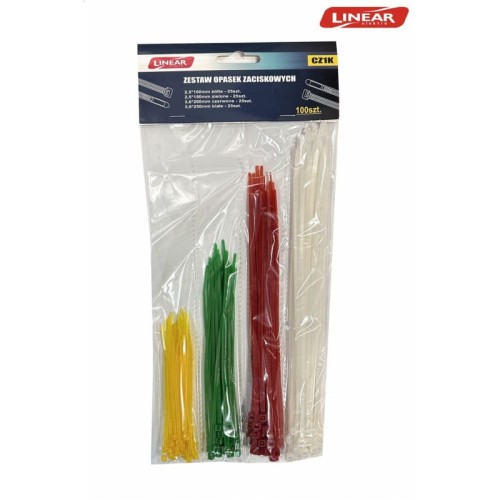 Zestaw opasek zaciskowych w kolorach żółtym, zielonym, czerwonym i białym, zawierający 100 sztuk w różnych długościach: 100 mm, 150 mm, 200 mm, 250 mm. Opakowanie przezroczyste, z widocznymi opaskami ułożonymi w porządku.