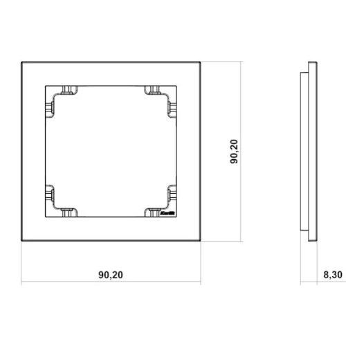 Ramka podwójna Karlik Deco w kolorze pudrowego różu, o wymiarach 90,20 x 90,20 mm i grubości 8,30 mm. Kształt kwadratowy z widocznymi miejscami na montaż. Prosta konstrukcja, idealna do instalacji w różnych aranżacjach wnętrz.