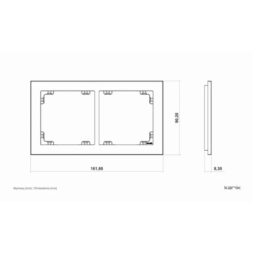 Podwójna ramka Karlik Deco w kolorze miętowym o wymiarach 161,8 mm x 90,2 mm x 8,3 mm, z widocznymi miejscami na dwa obrazy, z prostokątnym kształtem i gładką powierzchnią. Ramka montowana w pionie lub poziomie.