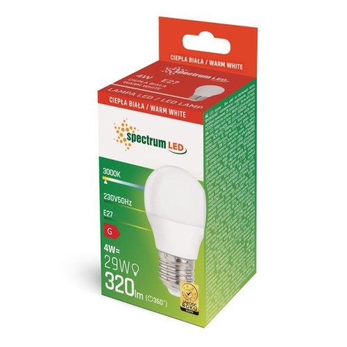 Żarówka LED E27 4W w kształcie kulki, emitująca ciepłe światło (3000K). Opakowanie z widocznym logo Spectrum LED, informacjami o mocy (4W = 29W) oraz jasności (320 lm). Produkt w pozycji stojącej, na białym tle.