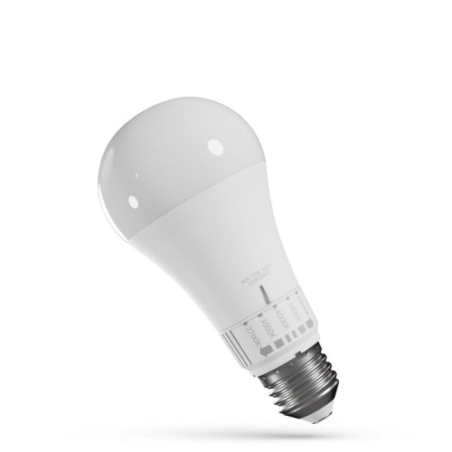 Żarówka LED E27 13W z funkcją zmiany barwy, o zaokrąglonym kształcie i białej, matowej obudowie. Widoczne oznaczenia kolorów światła na podstawie. Ujęcie pod kątem, z widoczną gwintowaną podstawą.