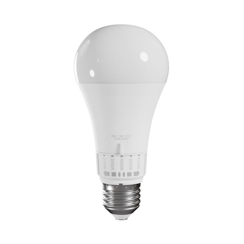Żarówka LED E27 13W CCT z możliwością zmiany barwy. Okrągła głowica biała, z oznaczeniami dla różnych temperatur barw. Gwint E27, umieszczona w pionie na białym tle. Wymiary typowe dla żarówek LED.