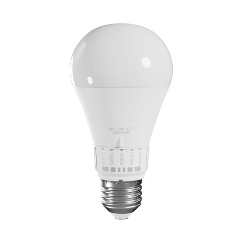 Żarówka LED E27 10W CCT z możliwością zmiany barwy światła. Posiada klasyczny, okrągły kształt oraz metalowy gwint. Na obudowie widoczne oznaczenia dotyczące parametrów technicznych, w tym napięcia i mocy.