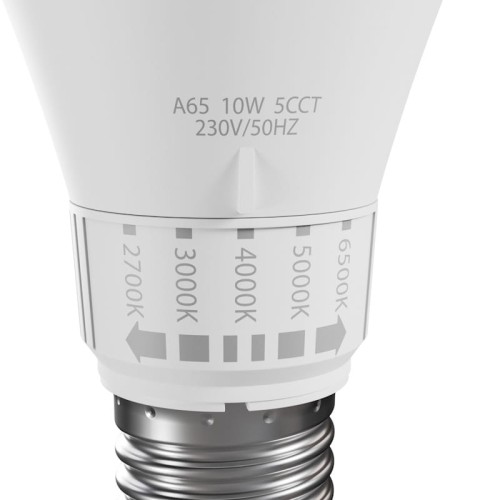 Żarówka LED E27 10W z funkcją zmiany barwy, z oznaczeniami temperatury barwowej 2700K, 3000K, 4000K, 5000K i 6500K. Posiada metalowy gwint oraz białą obudowę, widoczna część z etykietą informacyjną.