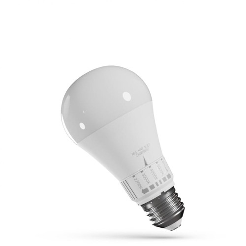 Żarówka LED E27 10W z funkcją zmiany barwy. Okrągła, biała obudowa z gwintem E27. Widoczne oznaczenia na podstawie dotyczące temperatury barwowej: 2700K, 3000K, 4000K, 5000K. Ujęcie z boku, lekko pochylona.