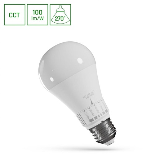 Żarówka LED E27 10W z funkcją zmiany barwy (CCT), o kształcie klasycznym z białą, gładką powierzchnią. Widoczny gwint E27 oraz oznaczenia dotyczące temperatury barwowej (2700K, 3000K, 4000K, 5000K) na podstawie.
