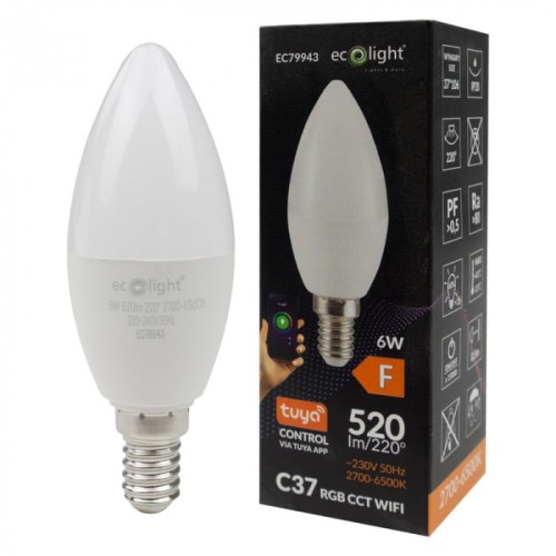 Żarówka LED świeczka E14 6W RGB CCT z możliwością sterowania przez Wi-Fi. Okrągły kształt, biały klosz, widoczna gwint E14. Opakowanie z informacjami o specyfikacji i aplikacji Tuya. Max lumenów: 520, zakres temperatury barwowej: 2700-6500K.