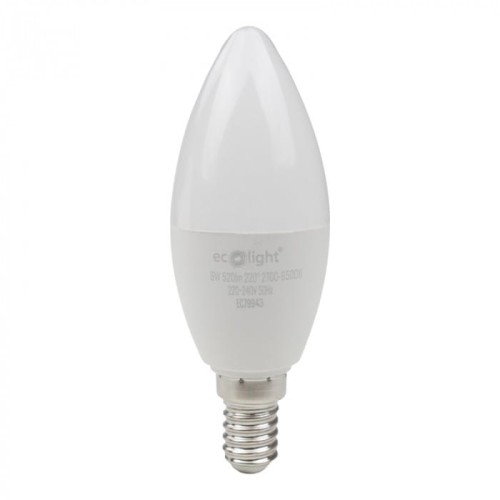 Żarówka LED świeczka E14 6W RGB CCT Wi-Fi z białą, matową obudową w kształcie stożka. Widoczny gwint E14, logo Ecolight oraz specyfikacja techniczna. Produkt stojący na białym tle.