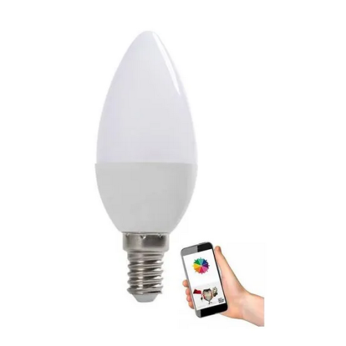 Żarówka LED w kształcie świeczki E14, moc 6W, z funkcją RGB i CCT, z możliwością sterowania przez Wi-Fi (Tuya). Widoczna ręka trzymająca telefon z aplikacją do zmiany kolorów. Biała obudowa, zaokrąglony kształt.