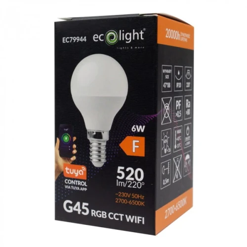 Żarówka LED Kulka Smart E14 6W RGB CCT Wi-Fi, kształt kulisty, biała obudowa, oznaczenia na opakowaniu: 520 lm, 2700-6500K, z możliwością sterowania przez aplikację Tuya. Opakowanie z widocznymi informacjami technicznymi.