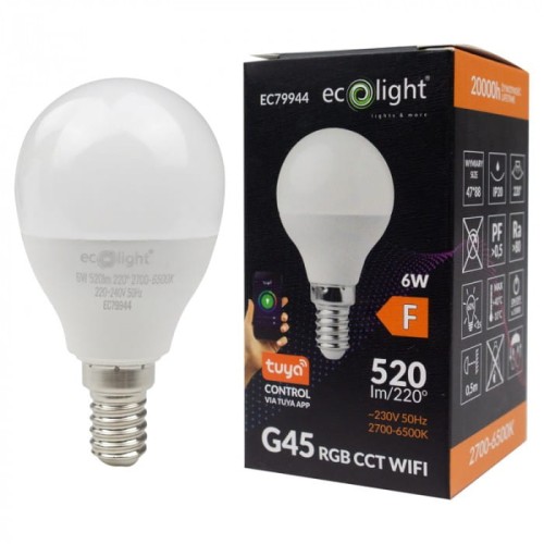 Żarówka LED E14 6W w kształcie kulki, z możliwością zmiany kolorów RGB i temperatury barwowej CCT, zamontowana na metalowym gwincie. Obok widoczna kolorowa pudełko z logo Ecolight i informacjami o aplikacji Tuya.