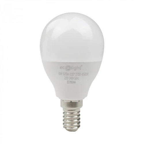 Żarówka LED Kulka Smart E14 6W, biała obudowa, gwint E14, oferująca możliwość zmiany kolorów RGB, z funkcją Wi-Fi Tuya. Widok frontalny na produkt stojący na jednolitym tle, z widocznymi szczegółami technicznymi na korpusie.