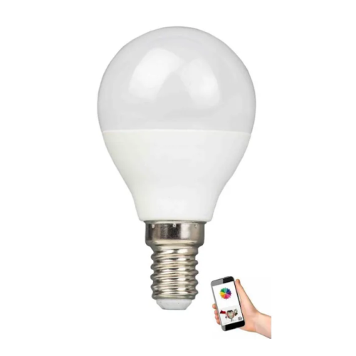 Żarówka LED kulka E14 6W RGB CCT z funkcją Wi-Fi Tuya. Okrągły kształt, biały klosz z przezroczystą górą. Widoczny smartfon z aplikacją do sterowania kolorami. Produkt w pozycji stojącej na białym tle.