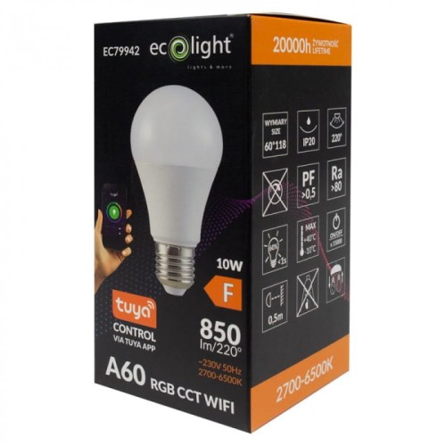 Żarówka LED SMART E27 10W RGB CCT Wi-Fi Ecolight EC79942 w kształcie A60, z białą matową powłoką, umieszczona w opakowaniu z logo Ecolight i oznaczeniami. Dane: moc 10W, strumień świetlny 850 lm, kolor 2700-6500K, kontrola przez aplikację Tuya.