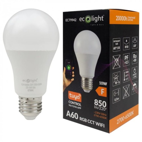Żarówka LED SMART E27 10W RGB CCT z Wi-Fi, model Ecolight EC79942, w kształcie A60. Biała obudowa, moc 10W, strumień świetlny 850 lm, możliwość kontroli przez aplikację Tuya. Opakowanie z informacjami o parametrach technicznych.