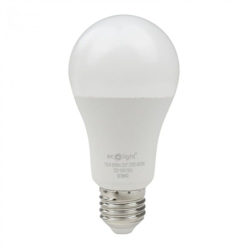 Żarówka LED E27 10W RGB CCT z możliwością sterowania przez Wi-Fi. Posiada białą, gładką obudowę oraz gwint E27. Na korpusie widoczne oznaczenia techniczne, w tym moc i zakres napięcia. Idealna do inteligentnych systemów oświetleniowych.