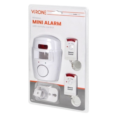 Mini alarm bezprzewodowy w białej obudowie z wbudowaną syreną, zawierający dwa piloty z czerwonymi przyciskami. Produkt umieszczony w przezroczystym opakowaniu, z widocznymi etykietami Wireless i Remote Control.