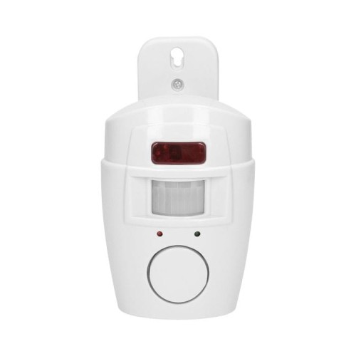 Mini alarm bezprzewodowy Orno AS-1 w kolorze białym, z wbudowaną syreną. Z przodu czujnik ruchu oraz diody LED (czerwona i zielona). Produkt zamontowany na ścianie, z widocznym przyciskiem aktywacji. Do zestawu dołączone dwa piloty.