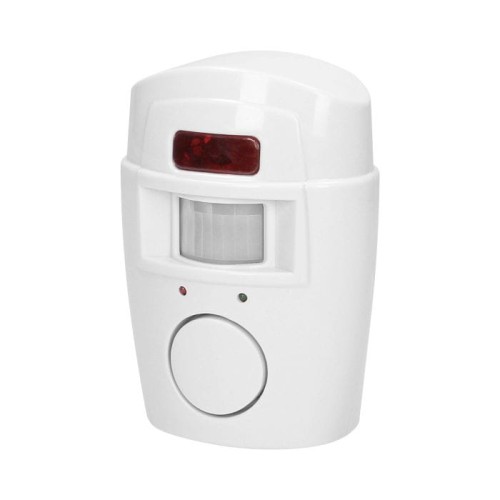 Mini alarm bezprzewodowy Orno AS-1 w kolorze białym, z wbudowaną syreną. Przedni panel z czujnikiem ruchu, czerwonym i zielonym diodowym wskaźnikiem. Produkt stojący, widok frontalny, idealny do zabezpieczeń domowych. W zestawie dwa piloty.
