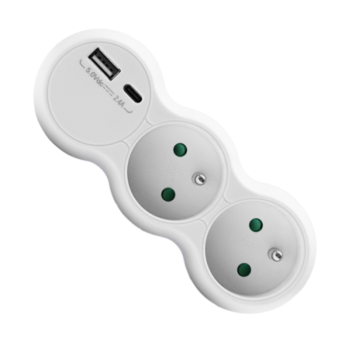 Rozgałęźnik podwójny w białej obudowie z dwoma gniazdami elektrycznymi i portem USB-A oraz USB-C. Widok z góry, z widocznymi zielonymi wskaźnikami w gniazdach. Idealny do ładowania urządzeń.
