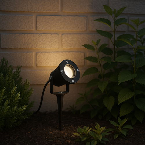 Okrągły reflektor ogrodowy LED GU10 IP65 w czarnej obudowie, zamontowany na słupku, emitujący ciepłe światło. W tle widoczne zielone rośliny oraz jasna, teksturowana ściana. Posiada widoczne elementy montażowe.