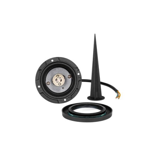 Okrągły reflektor ogrodowy LED GU10 IP65 w kolorze czarnym, z metalowym wnętrzem i konikiem do montażu. Widoczny kabel z przewodami zasilającymi. Elementy w pozycji leżącej, podkreślające funkcjonalność oświetlenia na zewnątrz.