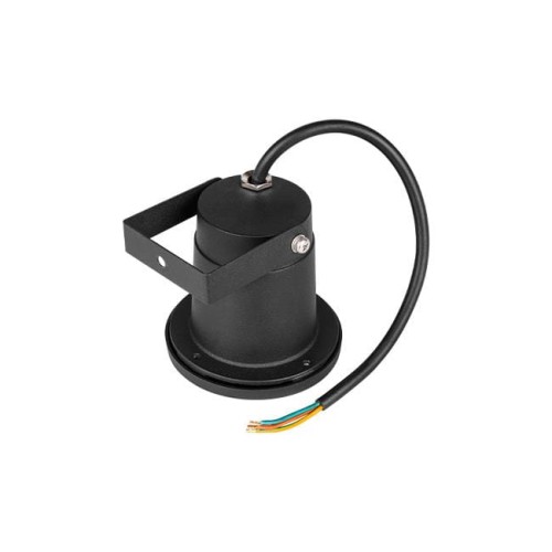 Okrągły reflektor ogrodowy LED GU10 w kolorze czarnym, IP65, z metalową obudową i uchwytem. Widoczny kabel z trzema żyłami. Produkt leży na płaskiej powierzchni, ukazując detale konstrukcji i mocowania.