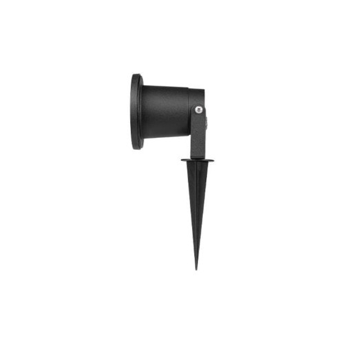 Reflektor ogrodowy okrągły LED GU10 IP65 w kolorze czarnym, z podstawką w formie ostrego szpikulca do montażu w ziemi. Produkt ma prostą, cylindryczną obudowę i uchwyt do regulacji kąta ustawienia. Idealny do oświetlenia przestrzeni zewnętrznych.