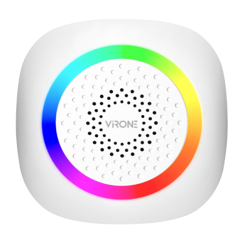 Dzwonek bezprzewodowy bateryjny Pela w kolorze białym z okrągłym podświetleniem LED RGB. Widoczny logo ViRONE na centralnej siateczce głośnika. Produkt ma gładką, zaokrągloną obudowę, umieszczony na białym tle.