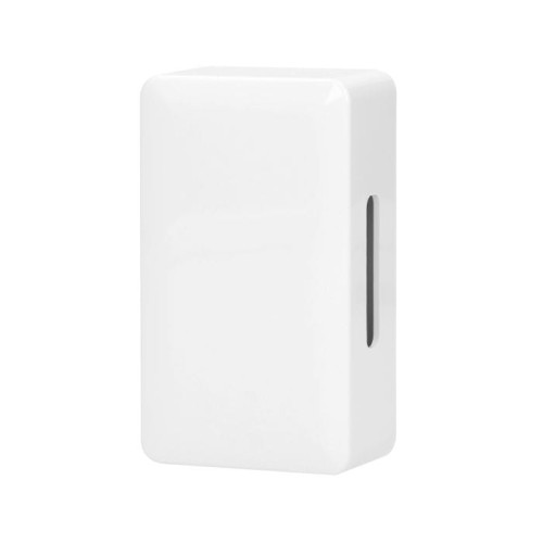 Dzwonek gong dwutonowy Orno Brevis Mini 230V w kolorze śnieżnobiałym. Produkt ma prostokątny kształt z gładką, błyszczącą powierzchnią i wąskim otworem z boku. Ujęcie frontalne, stojący, na jednolitym tle. Idealny do montażu w różnych wnętrzach.
