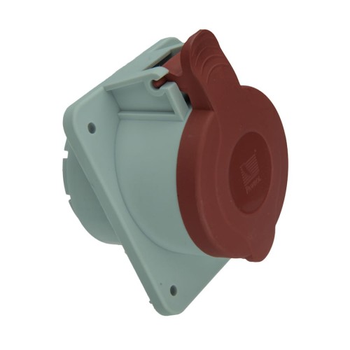 Gniazdo tablicowe hermetyczne 32A/4P w kolorze szarym z czerwoną pokrywą, zamontowane pod kątem. Wyposażone w zatrzask, idealne do użytku zewnętrznego. Widoczna tekstura materiału oraz logo Pawbol.