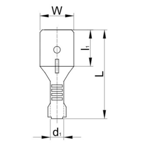 Nieizolowana nasuwka konektorowa 6,3x0,8 mm, wykonana z miedzi, przeznaczona do przewodów 1-2,5 mm². Zatrzaskowa konstrukcja zapewnia solidne połączenie. Widok frontalny z wymiarami: W, L, d1. Pakowana w zestawie 10 sztuk.