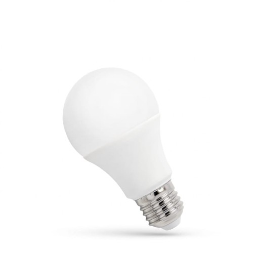 Żarówka LED 4.9W E27 w kształcie kulistym, z białą matową obudową i metalowym gwintem. Produkt z zimnym światłem, umieszczony w pozycji stojącej, widoczny z boku. Idealny do oświetlenia wnętrz.