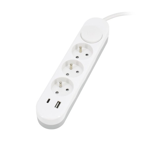 Przedłużacz z 3 gniazdami, długości 2m, w kolorze białym, z wyłącznikiem oraz portami USB A i USB C. Ujęcie z boku, z widocznymi gniazdami i przyciskiem wyłącznika. Proste tło.