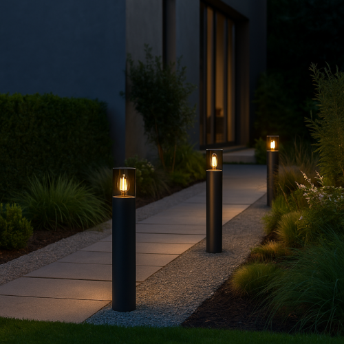 Lampa ogrodowa stojąca DENVER 50 cm w kolorze czarnym, z cylindryczną podstawą i przezroczystą osłoną. Widoczna na ścieżce w ogrodzie, oświetlająca otoczenie. Tło z zielonymi roślinami i nowoczesnym budynkiem.
