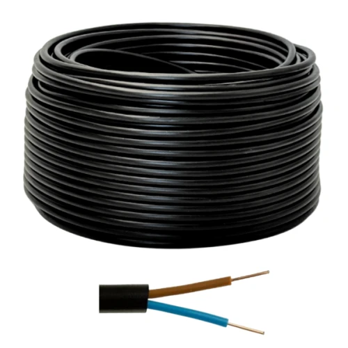 Kabel ziemny YKY 2x2,5 0,6/1kV Elpar nawinięty w formie rolki. Czarna izolacja, dwa przewody: brązowy i niebieski widoczne na odcinku. Przeznaczony do instalacji elektrycznych pod ziemią.