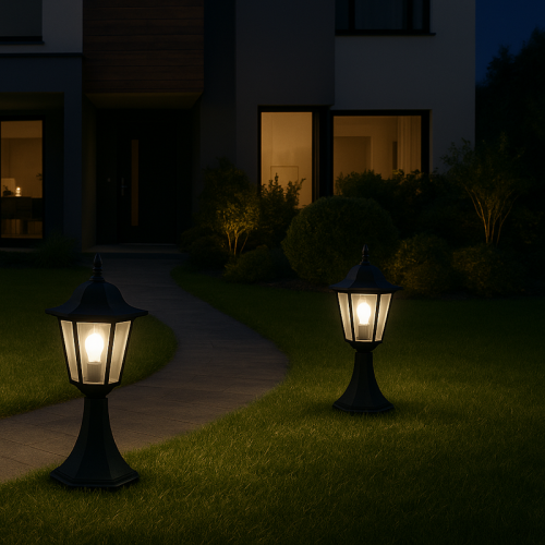 Lampa ogrodowa słupek LIGURIA 42 cm w kolorze czarnym, wykonana z metalu, z klasycznym kloszem, umieszczona na trawniku obok ścieżki, oświetlająca otoczenie ciepłym światłem. W tle nowoczesny dom z dużymi oknami.