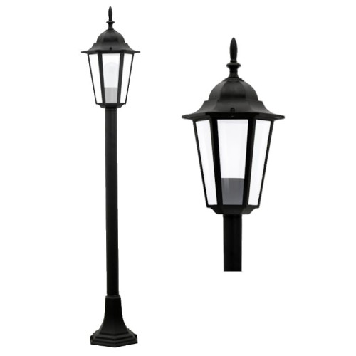 Lampa ogrodowa słupek LIGURIA o wysokości 96,5 cm, w kolorze czarnym. Posiada sześciokątną podstawę i dekoracyjny klosz z przezroczystego materiału, montowana pionowo. Elegancki design, idealna do oświetlenia przestrzeni zewnętrznych.